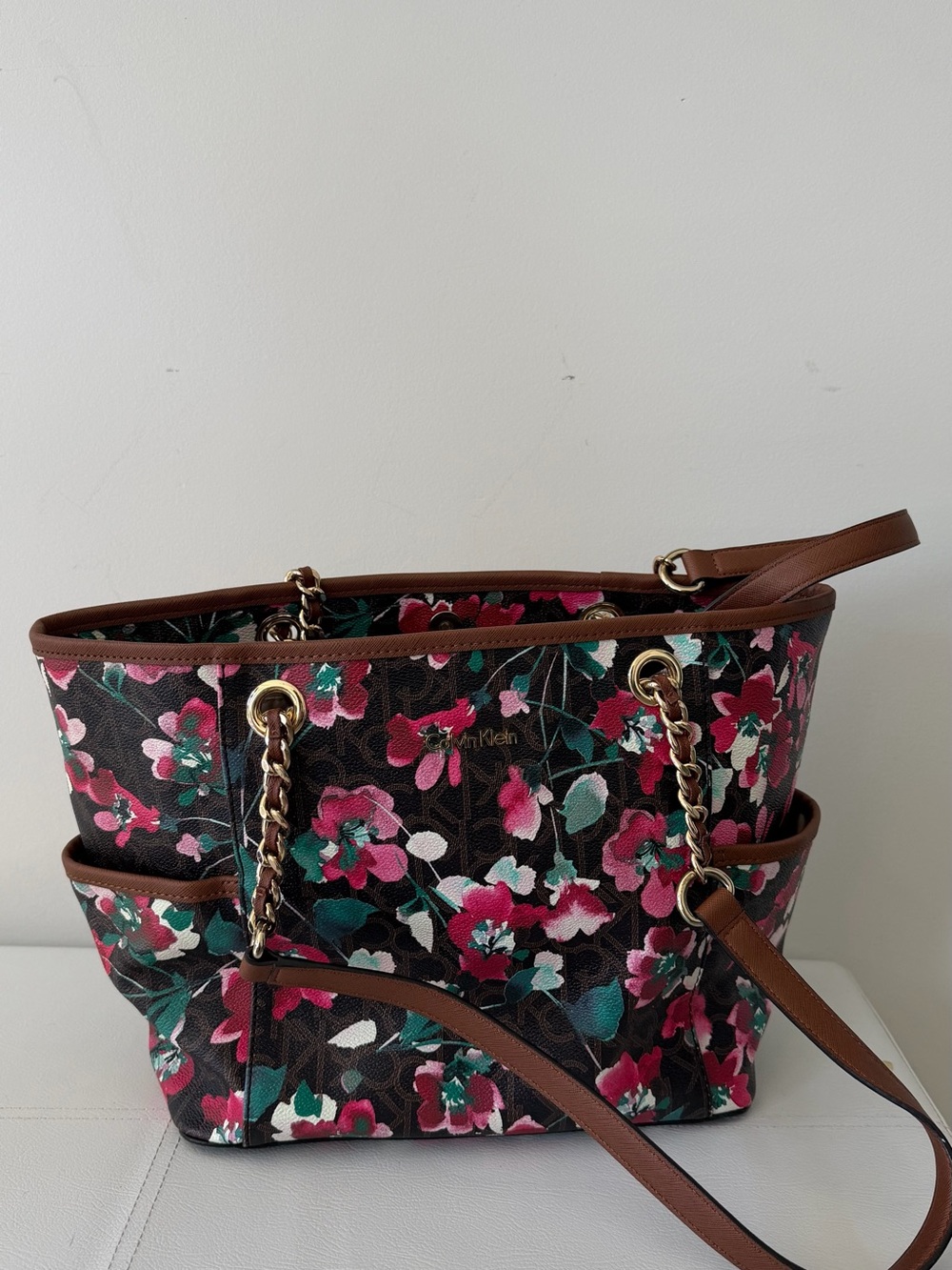 Calvin Klein Floral Tote in Pink, Green & Brown